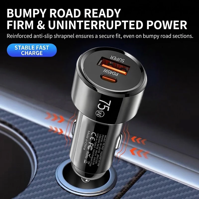 Фото Двухпортовое автомобильное зарядное устройство 75W с быстрой зарядкой PD 45W и QC 30W, интеллектуальный чип, многоуровневая защита, для автомобилей и iPhone №2