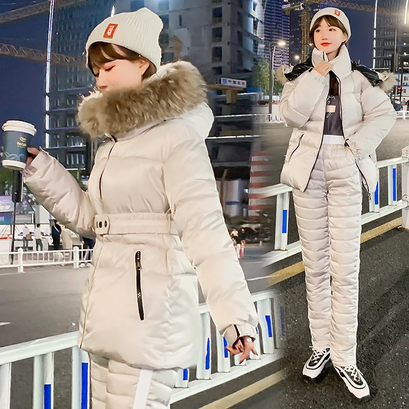 Winter Hooded Jumpsuits Parka Elegant Cotton Padded Warm Sashes Ski Suit Straight Zipper One Piece Women Tracksuits