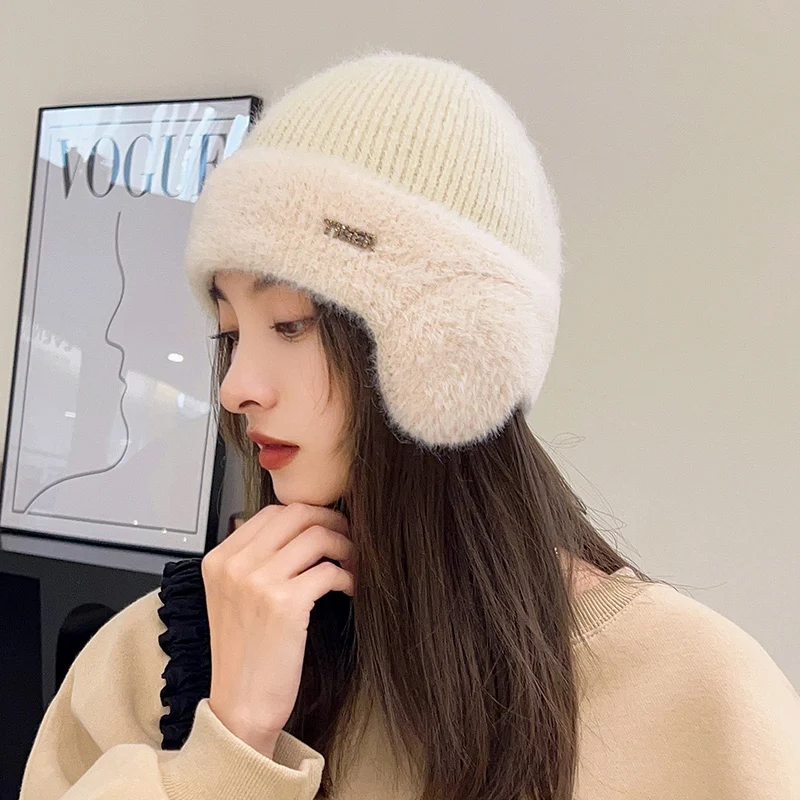 

Теплая Модная Шапка-бини с ушами, женская простая однотонная вязаная шапка-ушанка из смеси кролика, женские зимние шапочки, Шапка-бини