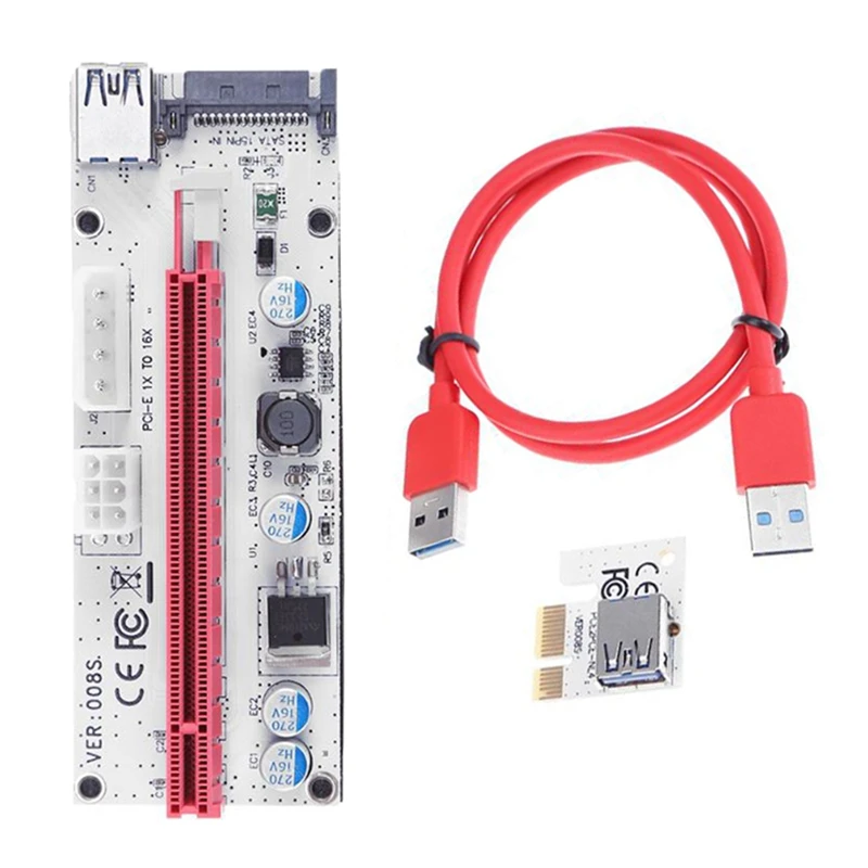 

Райзер-карта VER008S PCI-E 3 в 1, 4-контактный SATA 6-контактный PCIE адаптер, USB3.0 удлинитель PCI Express 1X 16X 008S для майнинга BTC