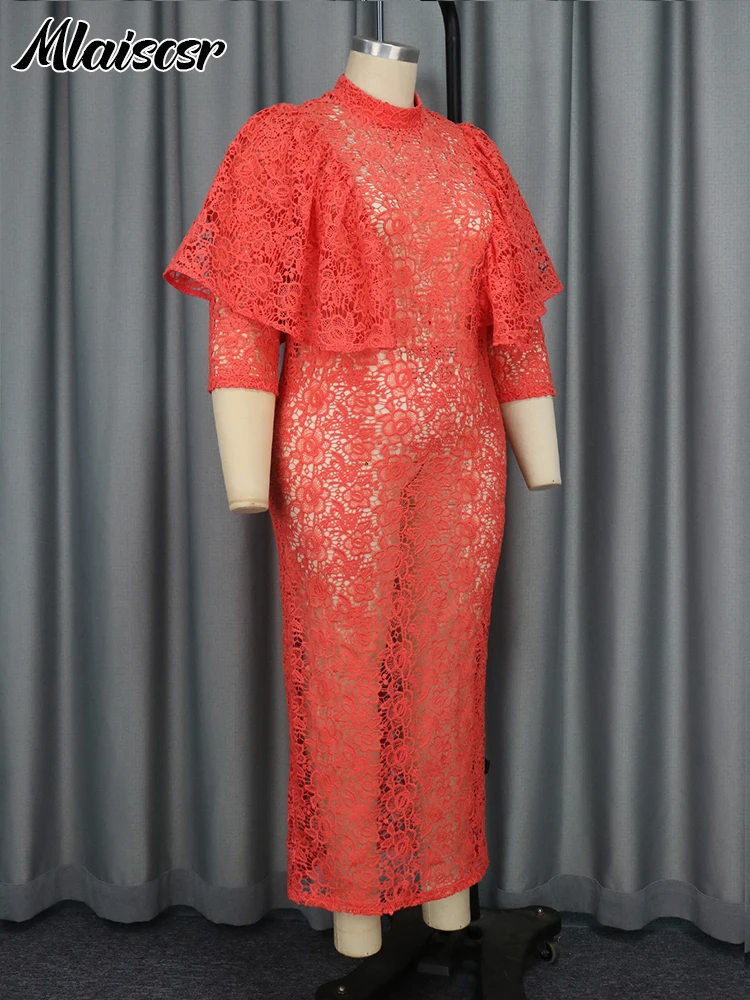 Женское кружевное платье миди Mlaiscsr красное Прозрачное с рукавом 3/4 и нижним