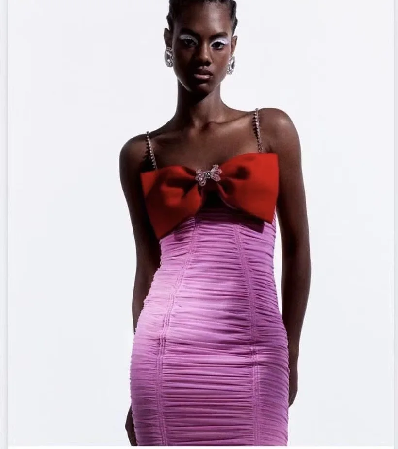 

Women Diamond Strapless Red Bowknot Pink Pleated Sexy Mini Dress