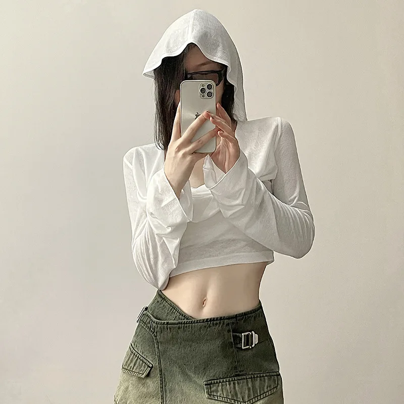 

2000s Grunge Fairycore Sexy Fashion Deep V-Neck Hooded Slim Hooded Long Sleeve T-Shirt Women White Sheer Crop Top Y2k Clothes