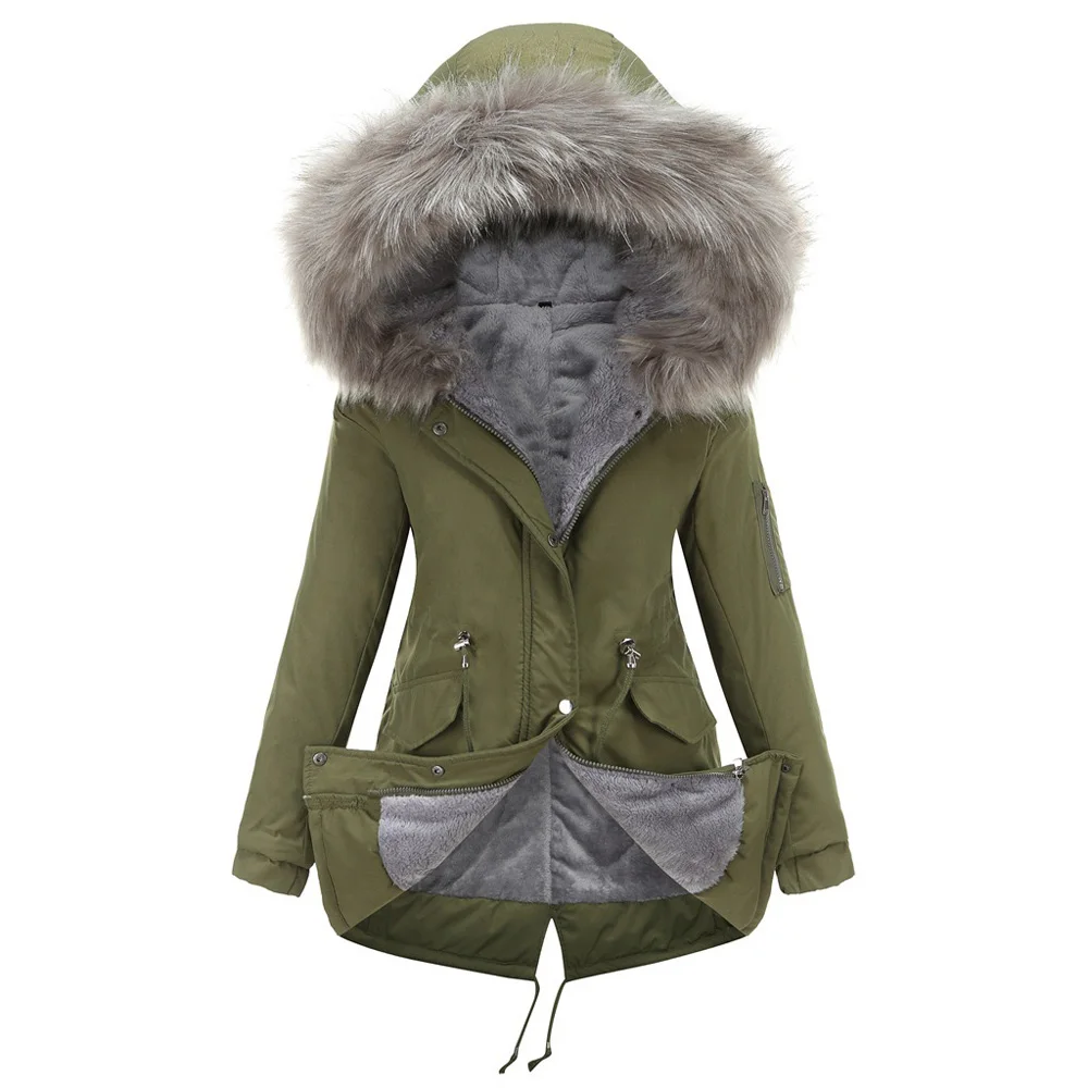 

Coat Women Winter Very Warm Thick Luxury Fox Fur Hooded Pocket Zipper Closure Full Sleeve High Waisted Elegant Warm Outwears New