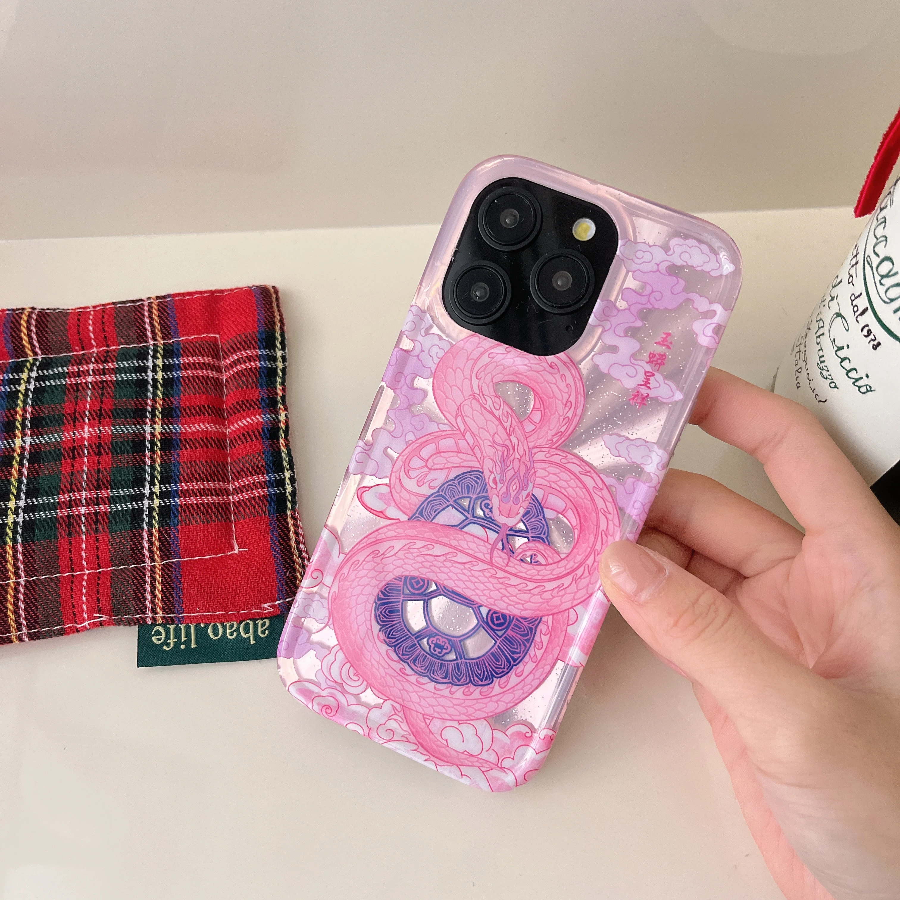 Художественный двухслойный чехол для телефона INS Ripple Texture Pink Snake Lucky iPhone 16 15 14 13 Pro Max