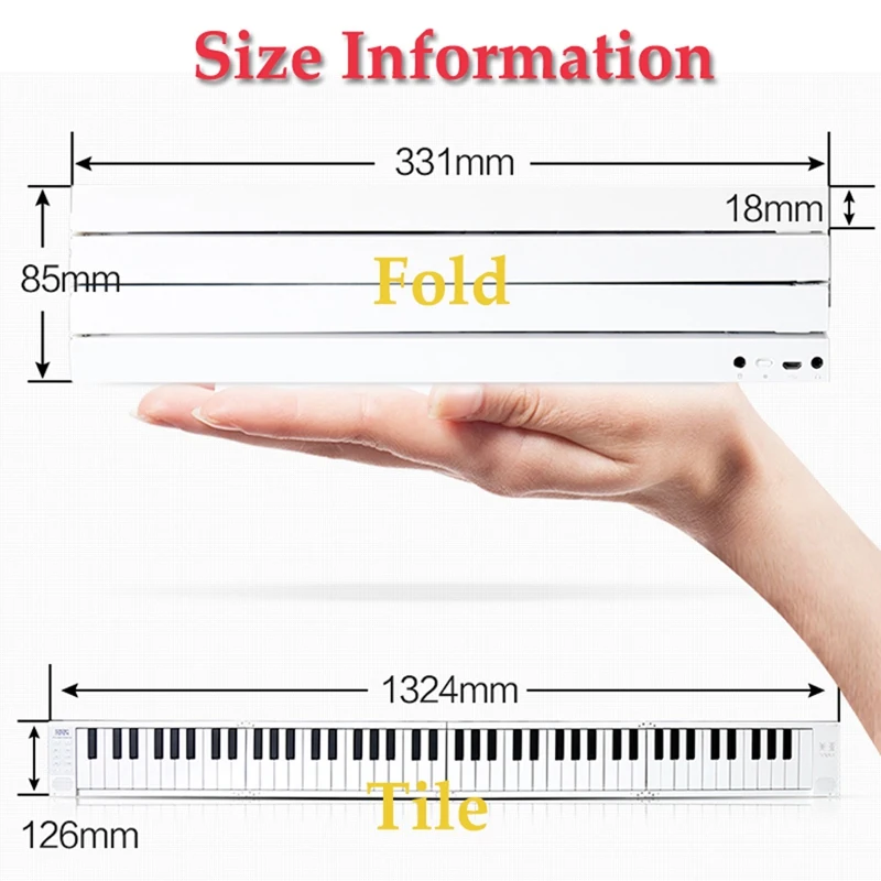 Складное пианино с 88 клавишами, цифровая портативная электронная клавиатура с педалью сустейна, MIDI вкл.