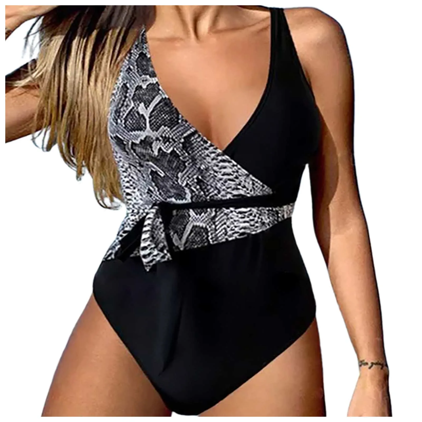 

Женский слитный купальник со змеиным принтом и сращивающимися бретельками, сексуальное бикини с V-образным вырезом, сексуальный слитный ку...