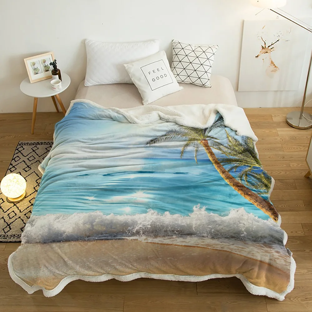 

Beach Waves Coconut Trees Plush Throw Blanket Sherpa Fleece Bedspread Blankets Sofa Cover Bedding Picnic Wool Soft Blanket