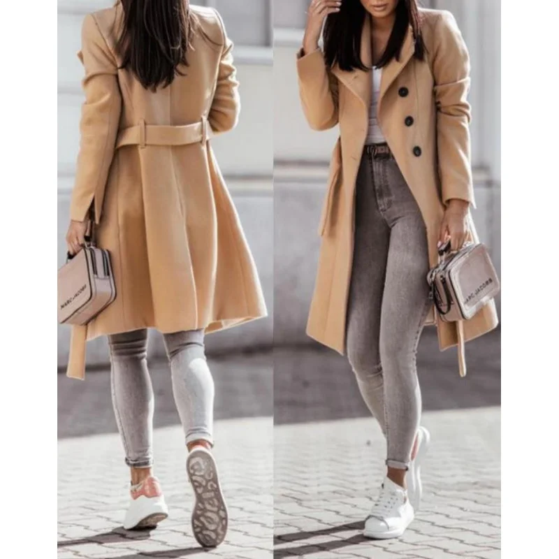 

Casual Button Front Longline Coat With Belt 2022 autumn winter new fashion Woman clothes outifits Winter coat for women