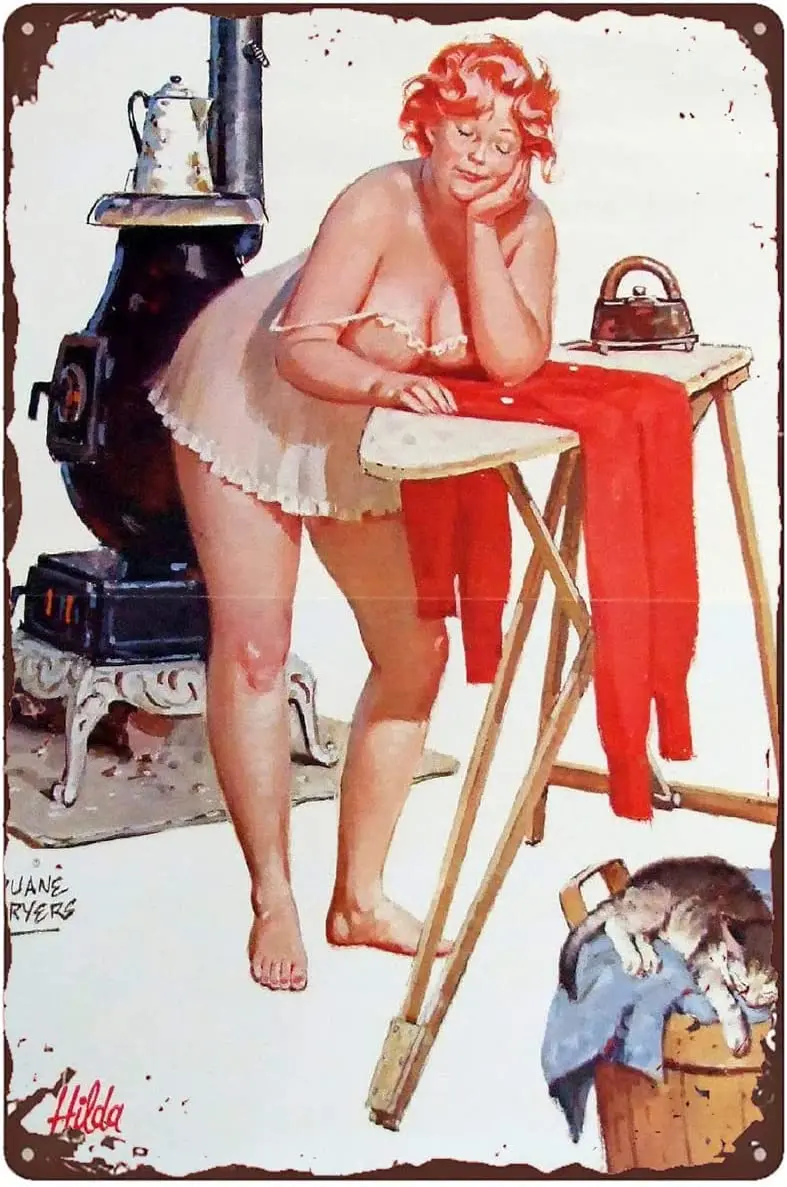 

Funny Laundry Room Metal Sign - Pin Up Girl Vintage Tin Sign - Hilda Plus Size Girl Retro Decorative Signs Chubby Girl Home Wall