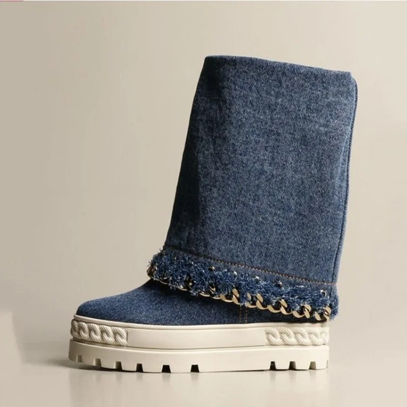 

10CM Height Increasing Denim Fold Over Boots Thick Rubber Sole Platform Chain Knee High Boots Round Toe Blue Jeans Winter Boots