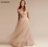 2022 flesh pink a line tulle prom dresses elegant women off shoulder formal party sexy long vestidos simple summer evening dress