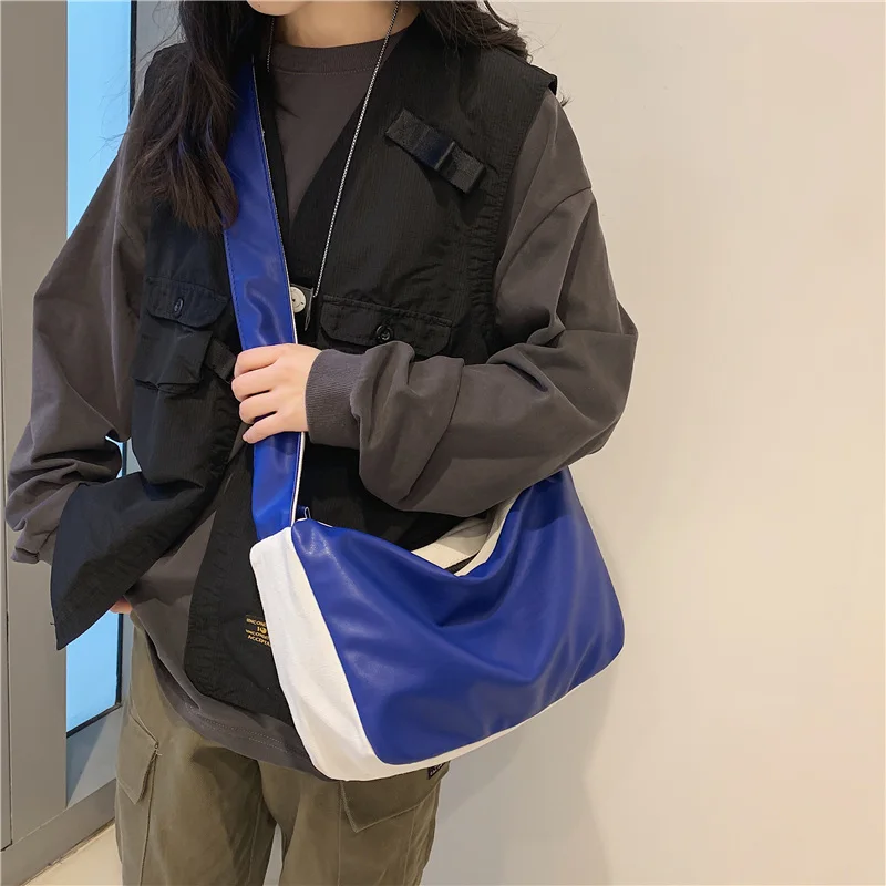 

Soft PU Leather+Canvas Crossbody Shoulder Bags For Women New Wide Shoulder Bag Blue Korean Messenger Bag Casual Big Shoppers Sac