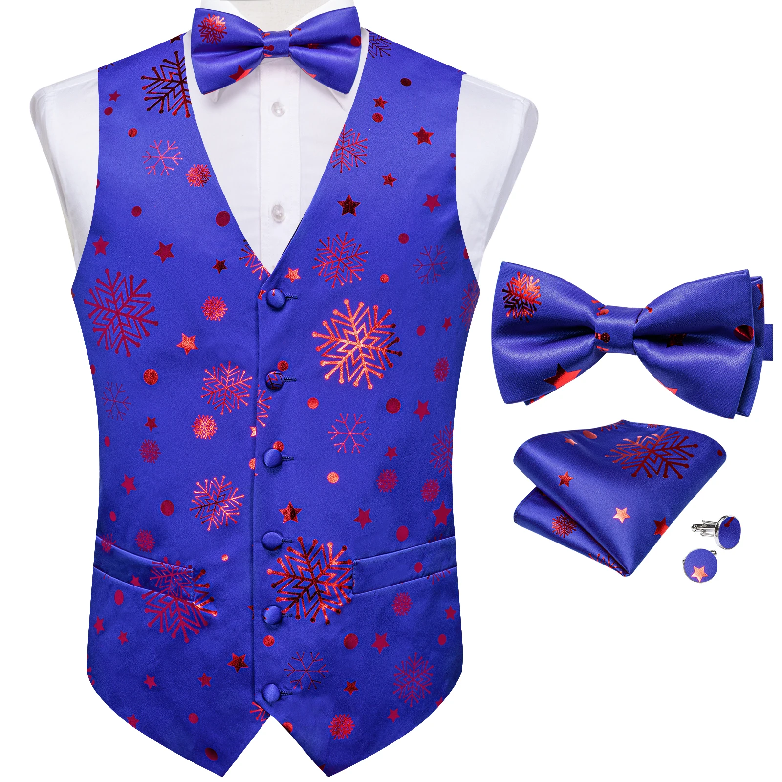

2022 Men Christmas Vest Purple Blue Waistcoat Bowtie Handkerchief Cufflinks Set for Man Christmas Accessories Party Snowflake
