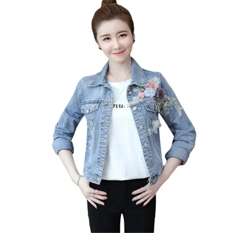 

Women's Denim Jacket Short Coat Spring Autumn Embroidery Flowers Jeans Jackets Women Single-breasted Plus Size Slim Coat A864