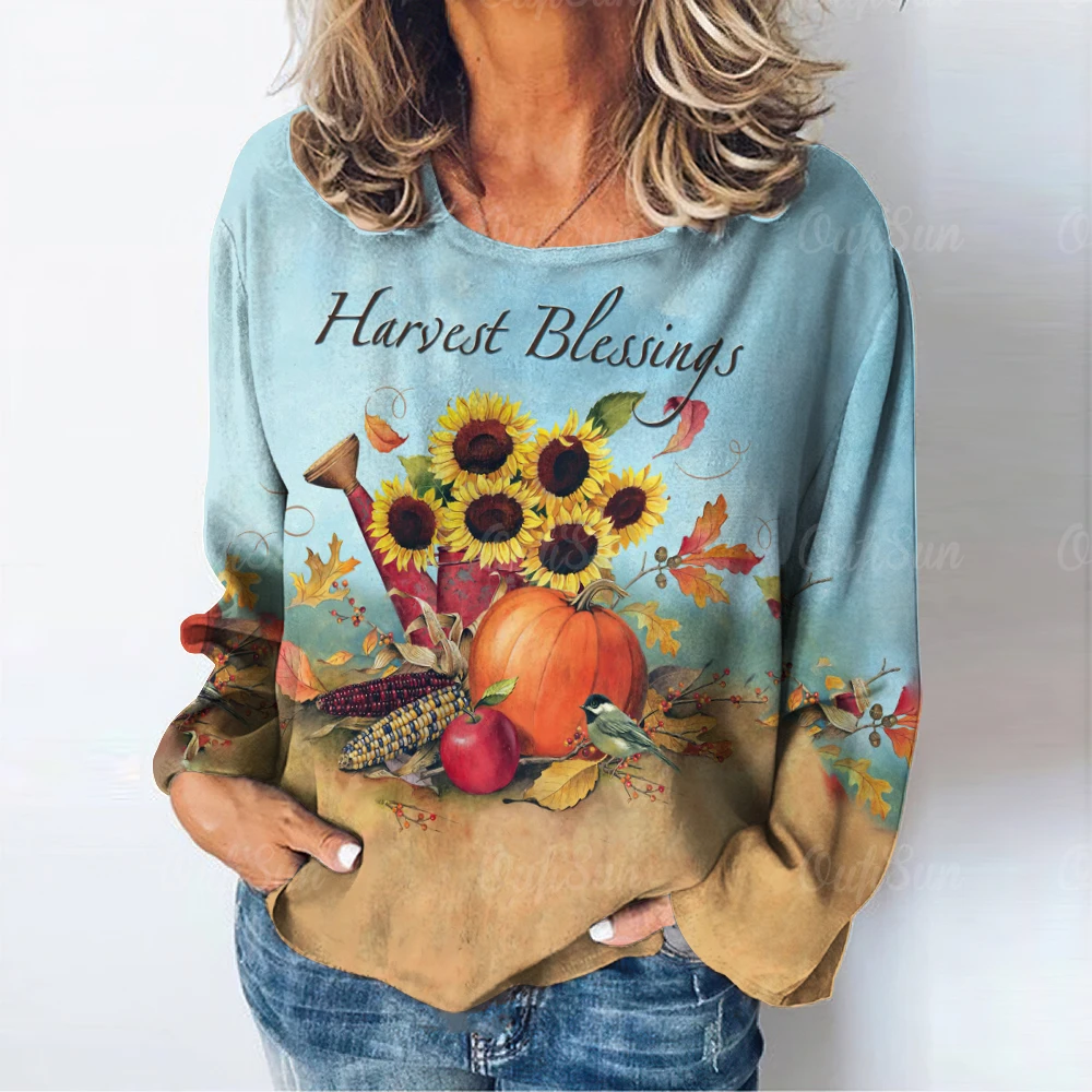 

Женская рубашка с длинным рукавом и круглым вырезом, свободного покроя,Женская рубашка с длинным рукавом на День Благодарения, осенняя женская одежда с круглым вырезом, свободный повседневный свитер