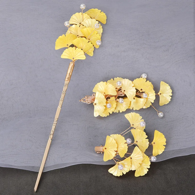 

Ginkgo Biloba Leaf Hairpins Chinese Hanfu Hair Accessories For Metal Ancient Girls Hair Stick Chopsticks Fairy Side ClipJewelry