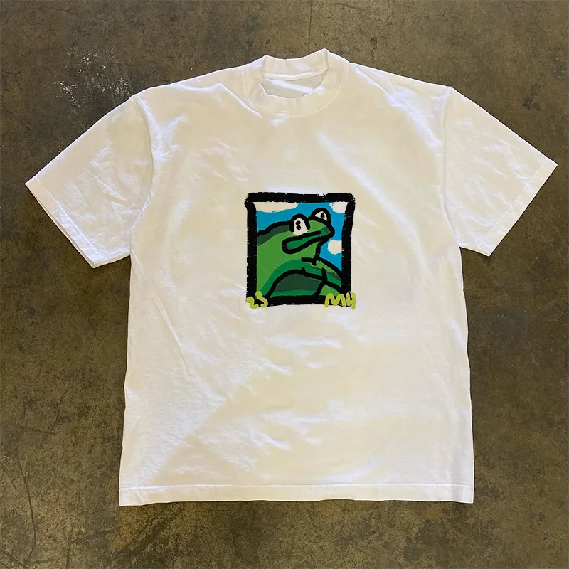 

Frog In The Blue Sky Hong Kong Style Men's Niche Design Tide Brand Short-sleeved T-shirt Loose Top 2023