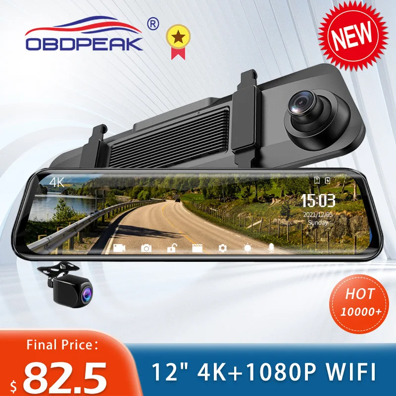 

Автомобильный видеорегистратор OBDPEAK H6, 12 дюймов, 4K, 3840*2160P, видеорегистратор с Wi-Fi, GPS, Sony IMX415, зеркало заднего вида, 1080P, автомобильная камера, видеорегистратор