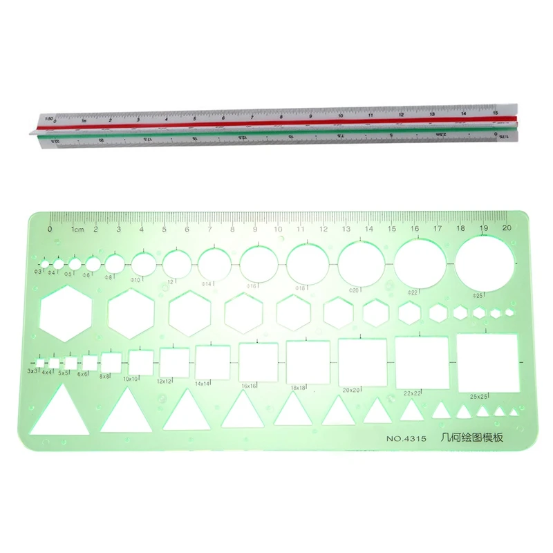 

2PC Squares Hexagons Geometric Template Ruler with 1:25 1:50 1:75 1:100 1:125 Engineer Metric Triangular Scale Ruler