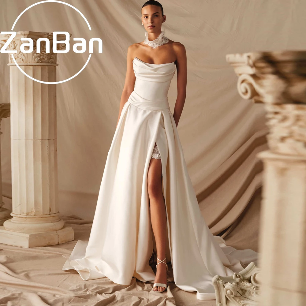 Фото Свадебное платье ZanBan Modern Satin: новое, без бретелек, с высоким разрезом, шлейфом-чапел, на заказ №2