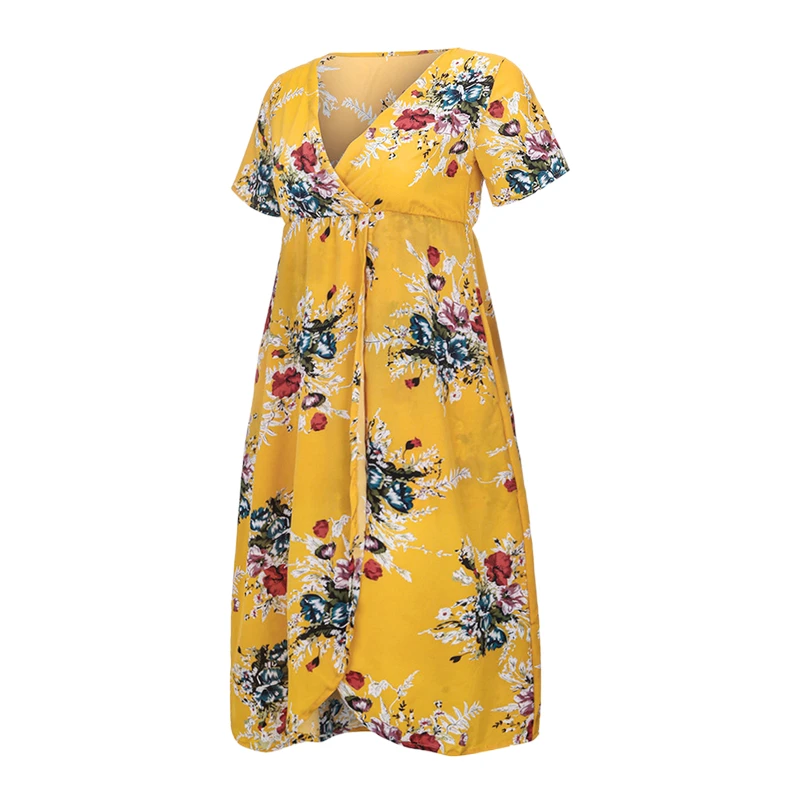 Plus Size Summer Floral Print Long Dresses Women Wrap V Neck Irregular Hem Maxi Dresses Loose Casual Beach Vestidos Dresses