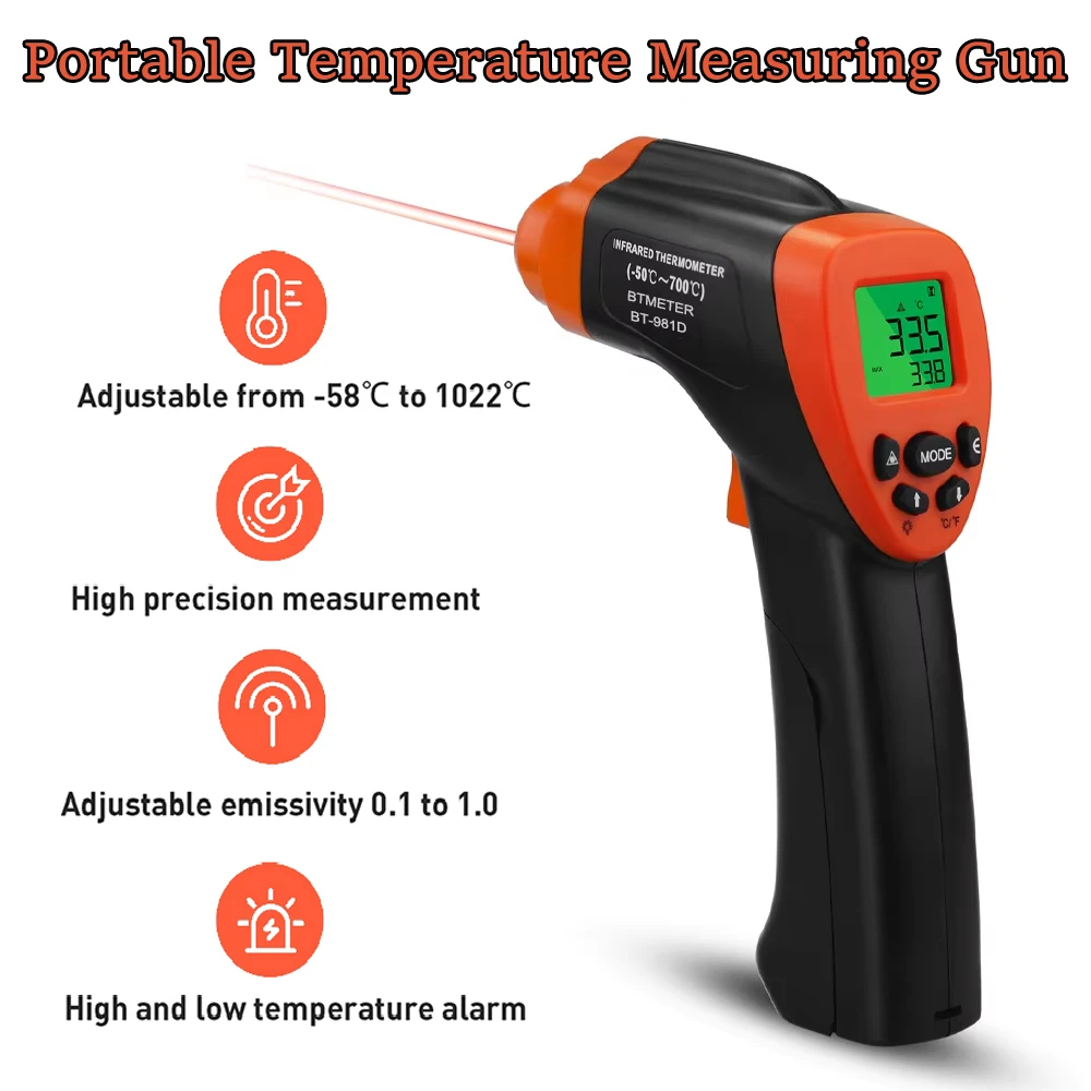 Фото BTMETER BT-981D Инфракрасный пистолет для измерения температуры, -50 ℃   До 550° ℃   Диапазон, быстрая реакция 500 мс, соотношение расстояния 12:1, для промышленного применения №1