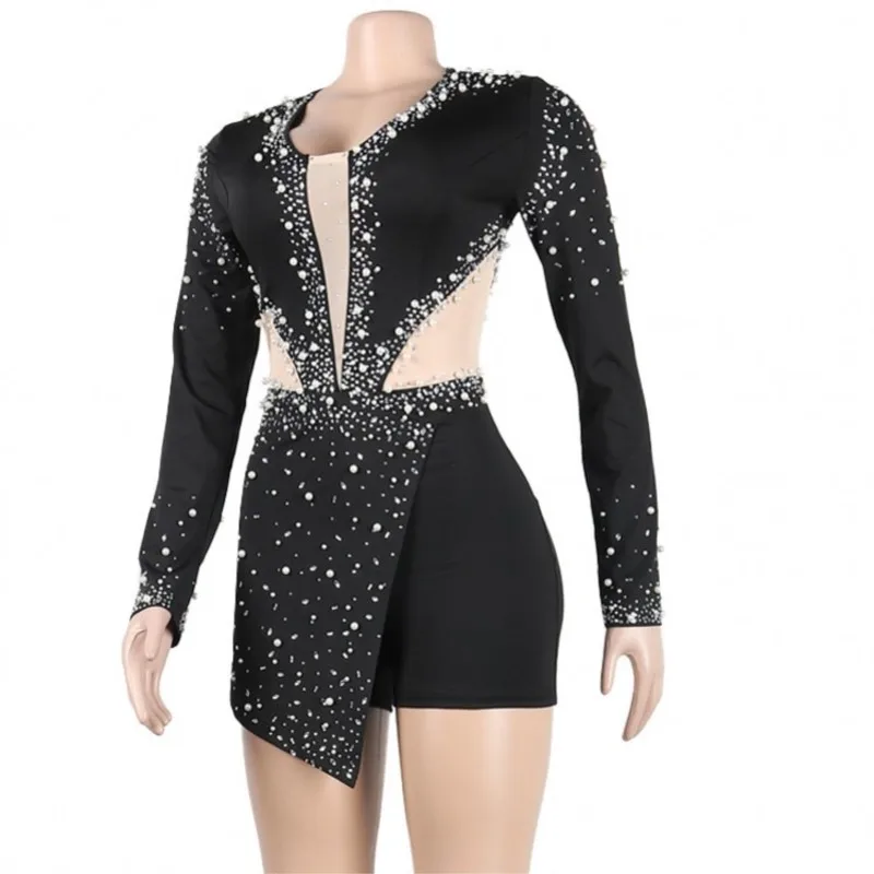 Sexy Perspective Hot Diamond Pearl Party Jumpsuit 2023 New Women's Solid Color Long Sleeved Chic One Piece Shorts Nightclub Club
