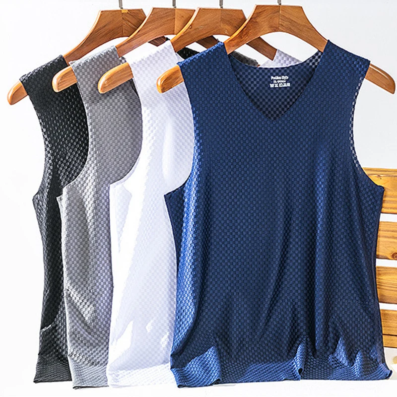 Mężczyźni lodowy jedwab podkoszulki koszulki letnia oddychająca koszulka podkoszulek męski Fitness Mesh szybkoschnący kamizelka bez rękawów kamizelka do biegania 2 Mężczyźni lodowy jedwab podkoszulki koszulki letnia oddychająca koszulka podkoszulek męski Fitness Mesh szybkoschnący kamizelka bez rękawów kamizelka do biegania 2