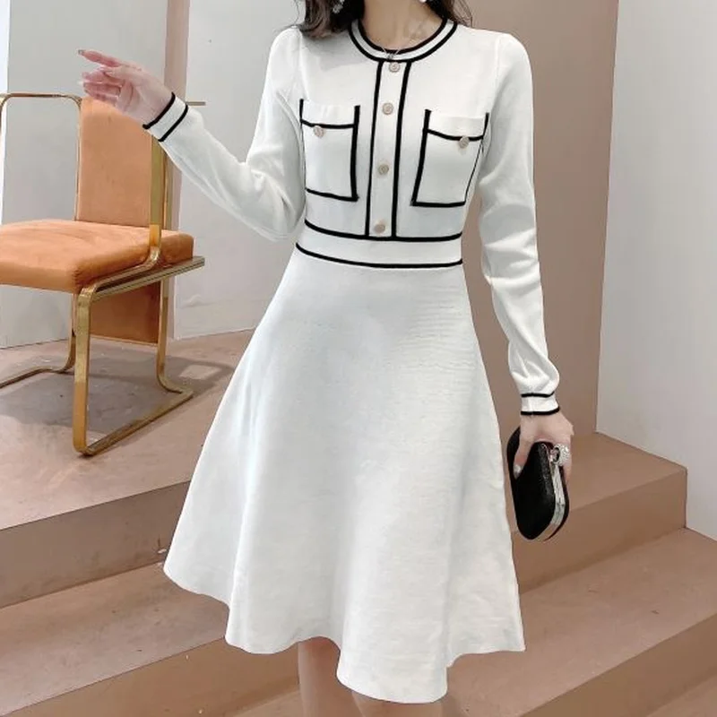 

Vintage Knitting Cotton White Dress for Women Winter 2022 New Elegant Fashion Striped Knee-length Black Sweater Dresses Fall