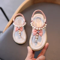 summer baby flats clip toe girls shoes pearl diamond bow comfortable non slip sandals childrens ankle elastic band beach shoes