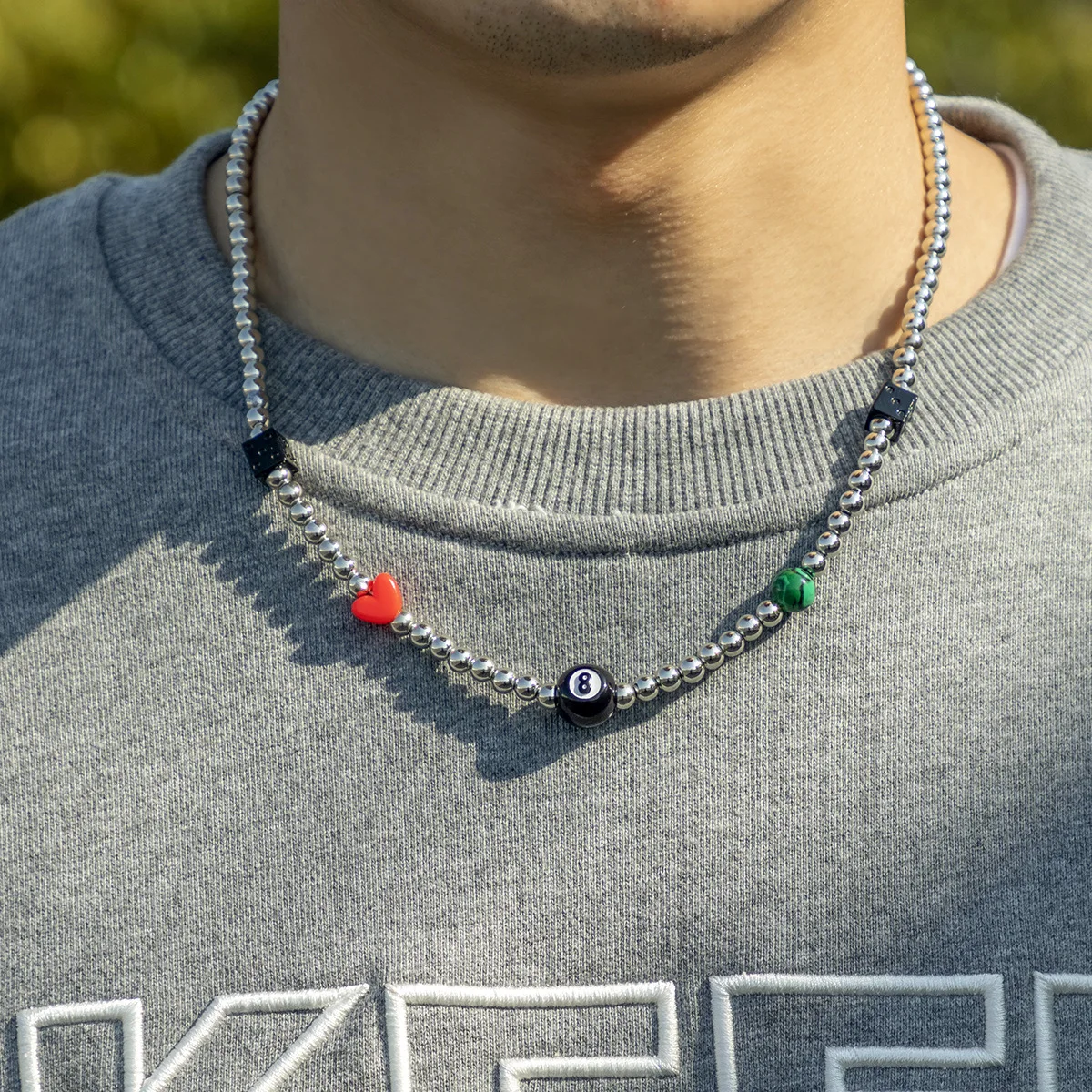 

Trendy Simple Silver Color Round Beaded Chain Necklaces Geometric Heart Dice Statement Necklaces For Men Women Party Jewelry