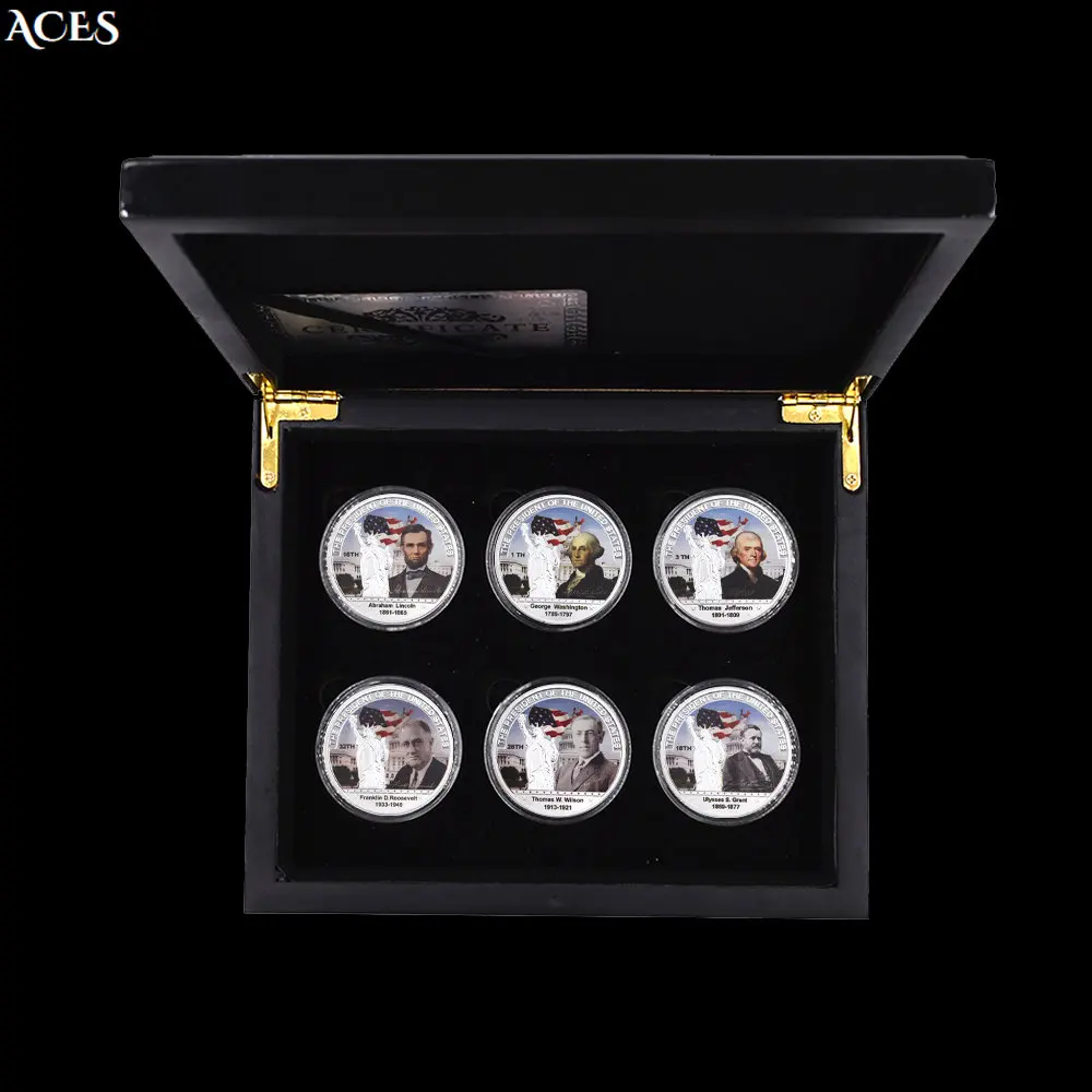 

6pcs Great Man Silver Coin Set US President Challenge Coin with Exquisite Wooden Box Abraham Lincoln Coin Art Worth Collection