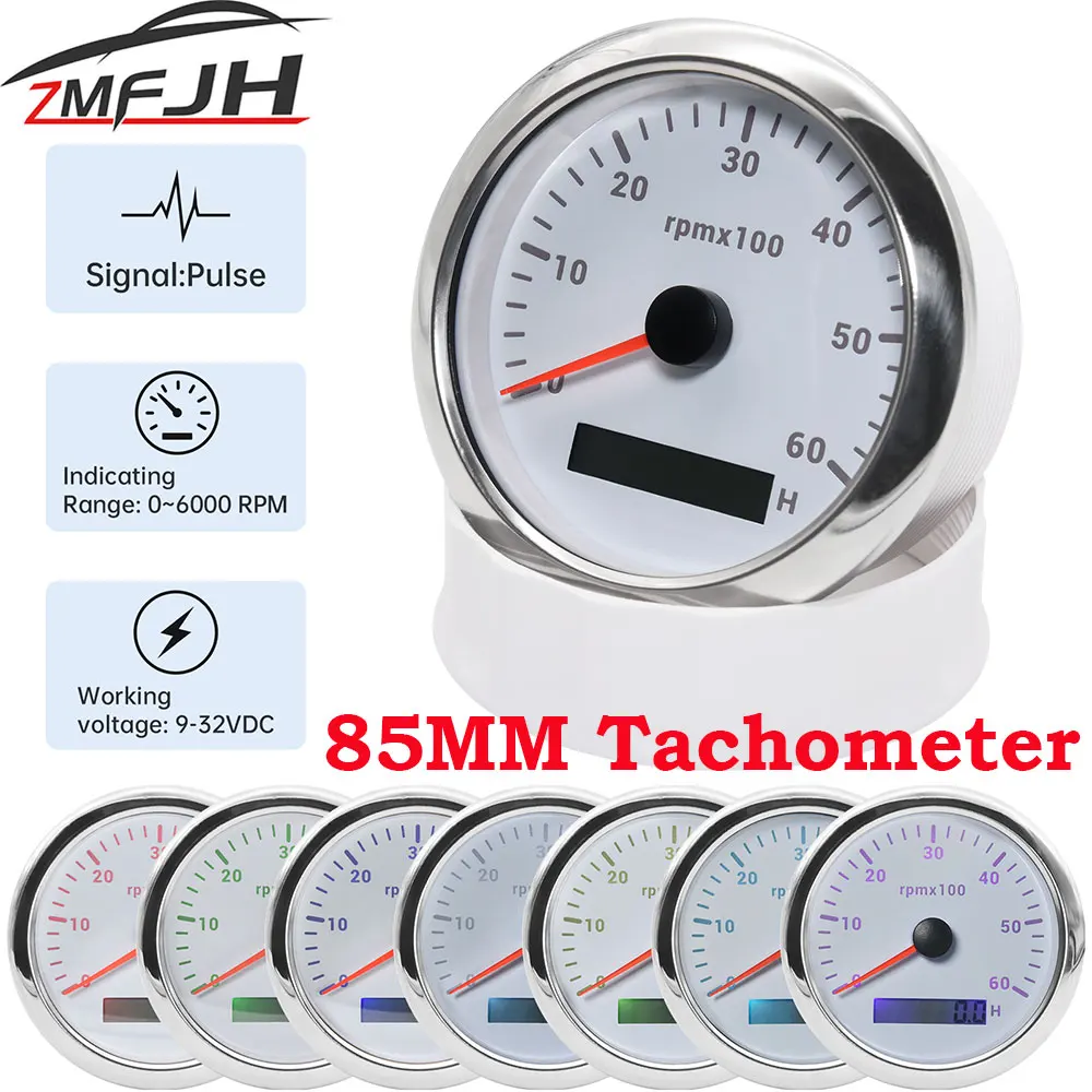 

AD 7 Colors Backlight 85mm Tachometer 6000/7000/8000 RPM Gauge Tachometer Boat Car Marine Tacho Gauge with LCD Hourmeter 9~32V