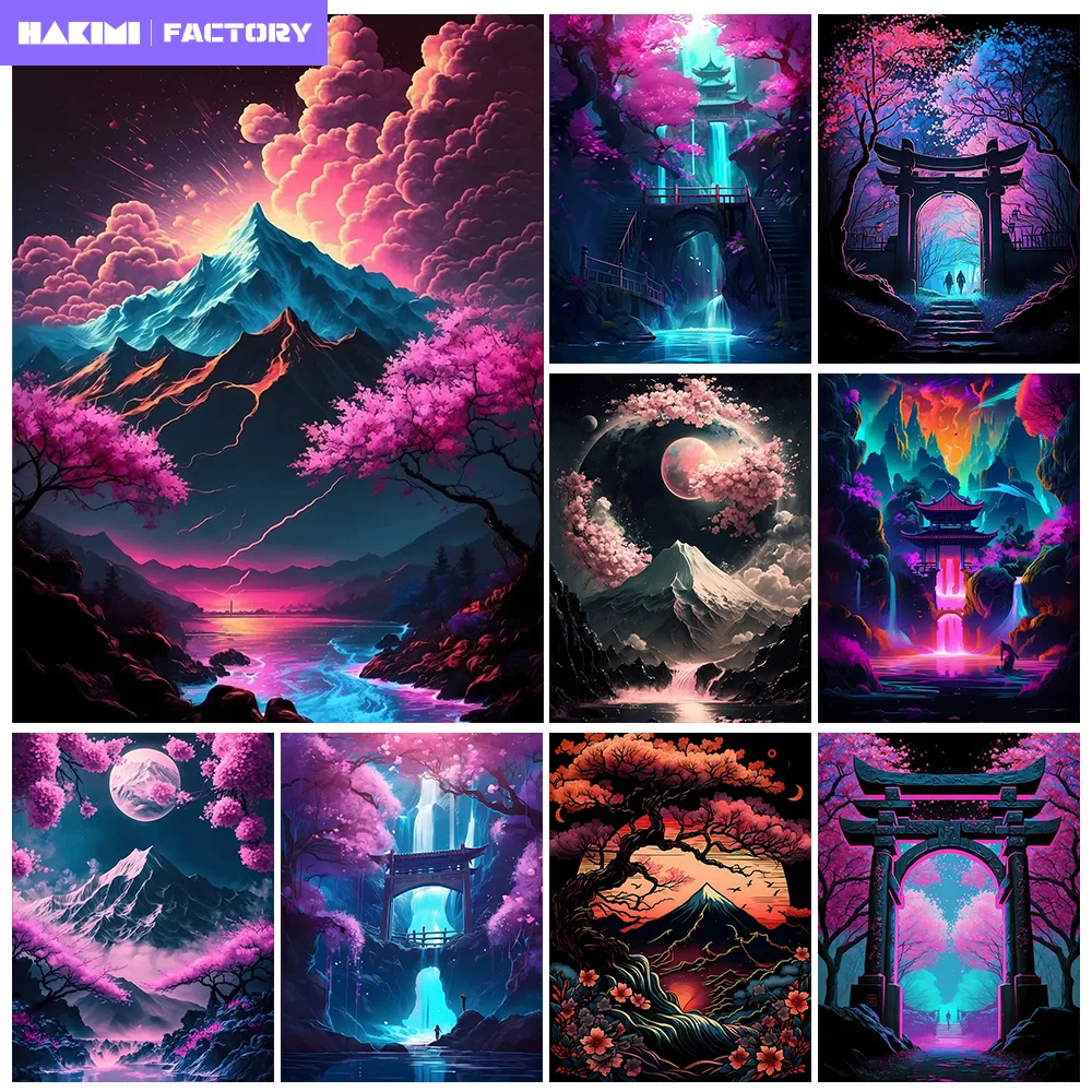

Japanese Nature Neon Art Posters DIY 5D AB Diamond Painting Japan Landscape Full Dills Cross Stitch Rhinestone Home Decor