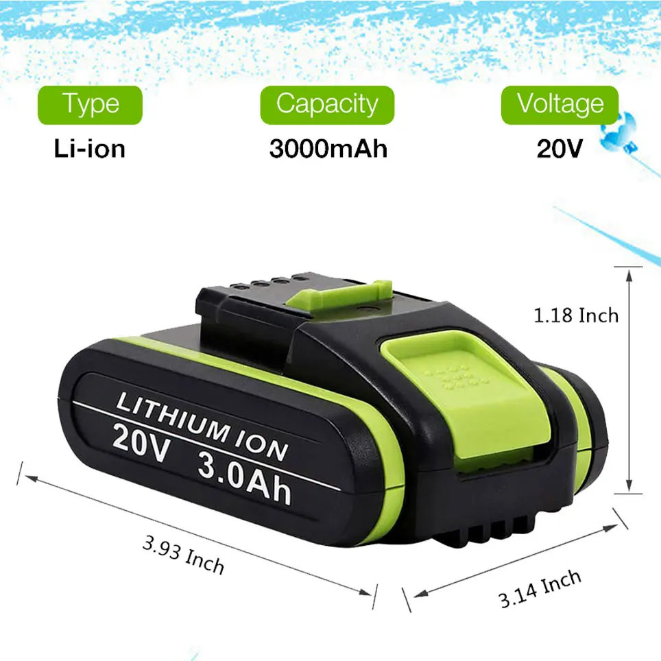 

2022 3000mAh 20V for Worx Power Tools WX386 WX678 WG169E WA3551 WA3553 WX390 WX176 Lithium Ion Rechargeable Replacement Battery