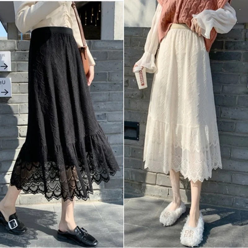 2022 Fashion Midi Women's Skirt Hollow Out Lace Korean Casual A Line Skirt Simple Long Elegant Street OL Faldas Mujer