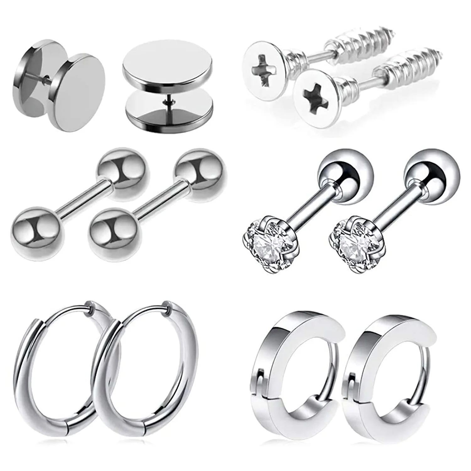 

12Pcs Stainless Steel Earrings Set Silver Color Multiple Style Ball Studs Huggie Earrings CZ Stone Screw Jewelry for Mens Womens