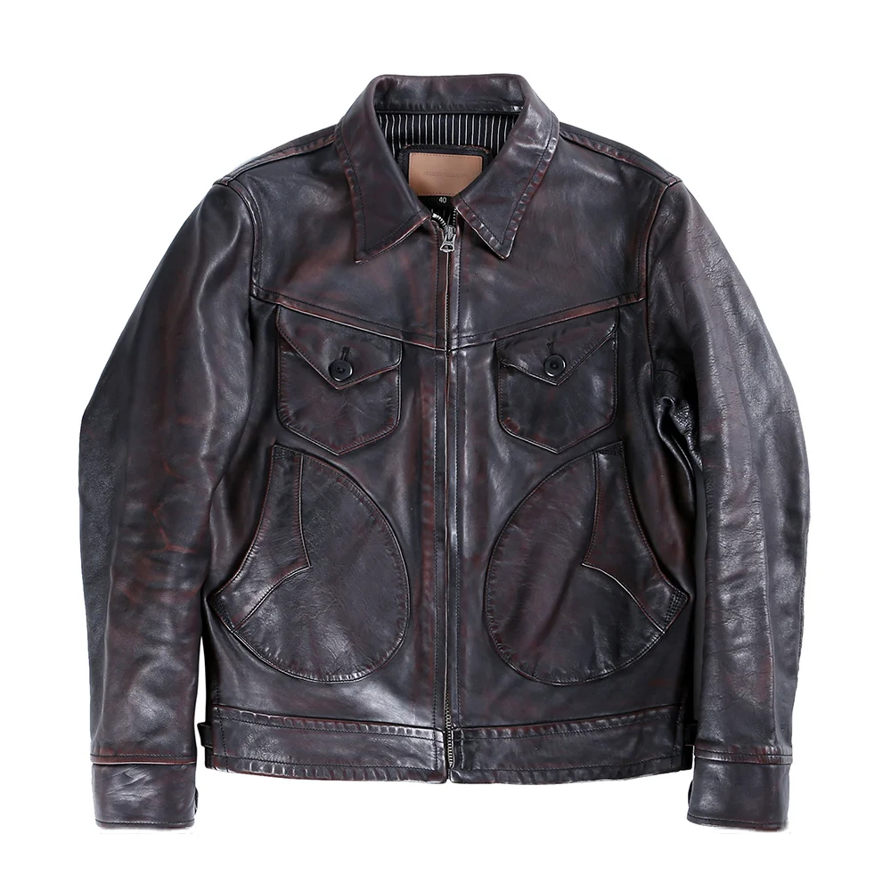 

jacket.men Free horsehide shipping.Brand Original luxury vintage tea core coat.plus size natural leather clothes