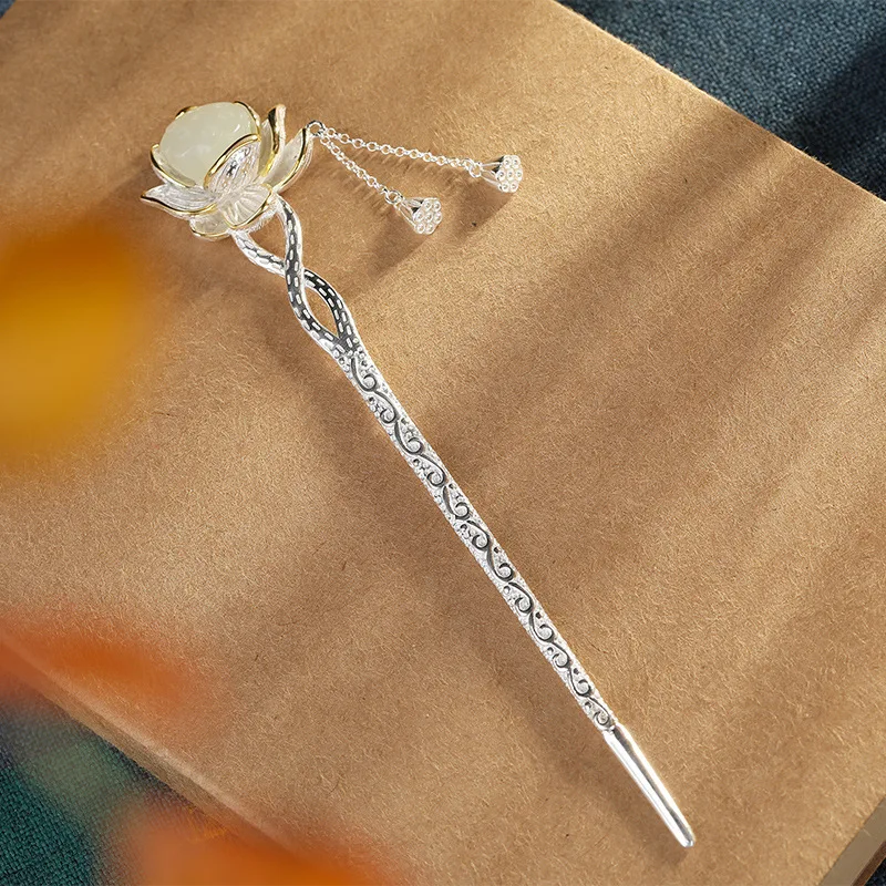 

S925 Sterling Silver Hetian jade Lotus Hair Sticks Acetate Headbands For Women Lady Headwear Wedding Hair Jewelry Accessories