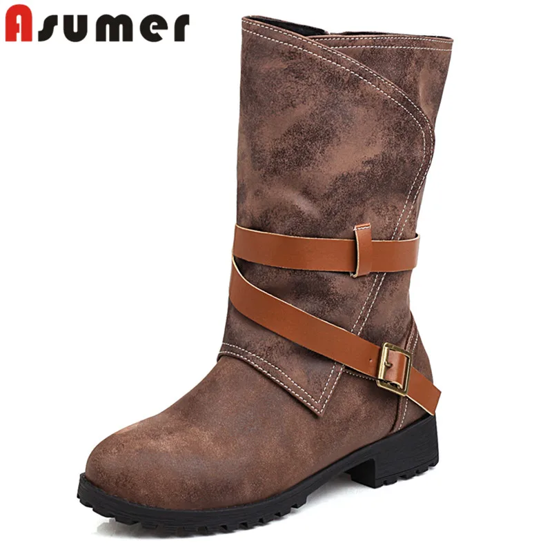 

ASUMER 2023 Size 33-46 New Retro Pu Zipper Mid Calf Boots Female Square Med Heels Platform Shoes Round Toe Buckle Winter Boots
