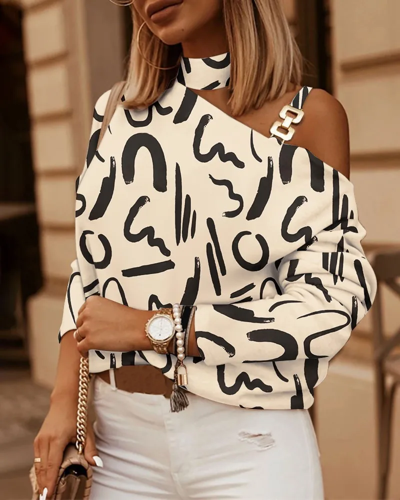 Autumn And Winter 2022 Long Sleeve Chain Neck Striped Print Button Decorative Top Women Off The Shoulder Pullover Blouse Femme