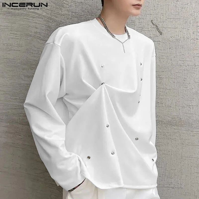 INCERUN мужские топы с круглым вырезом и длинным рукавом однотонные повседневные