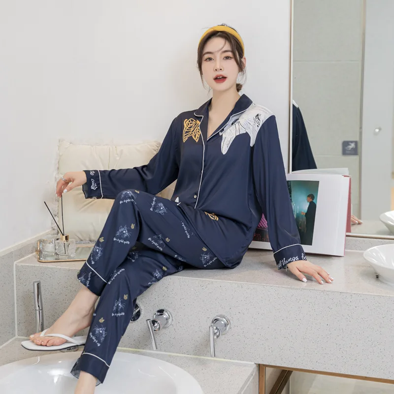 PICKBIRD 2022 Ice silk ladies pajamas spring and autumn sexy long-sleeved cartoon suit summer silk printing net red home service