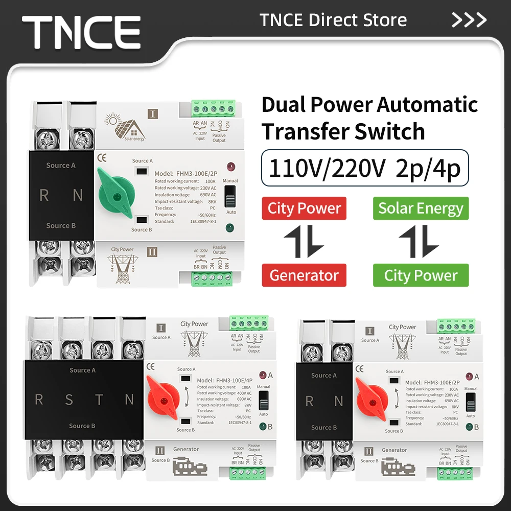 

Автоматический переключатель TNCE 2P/4P 110-230В для солнечных батарей