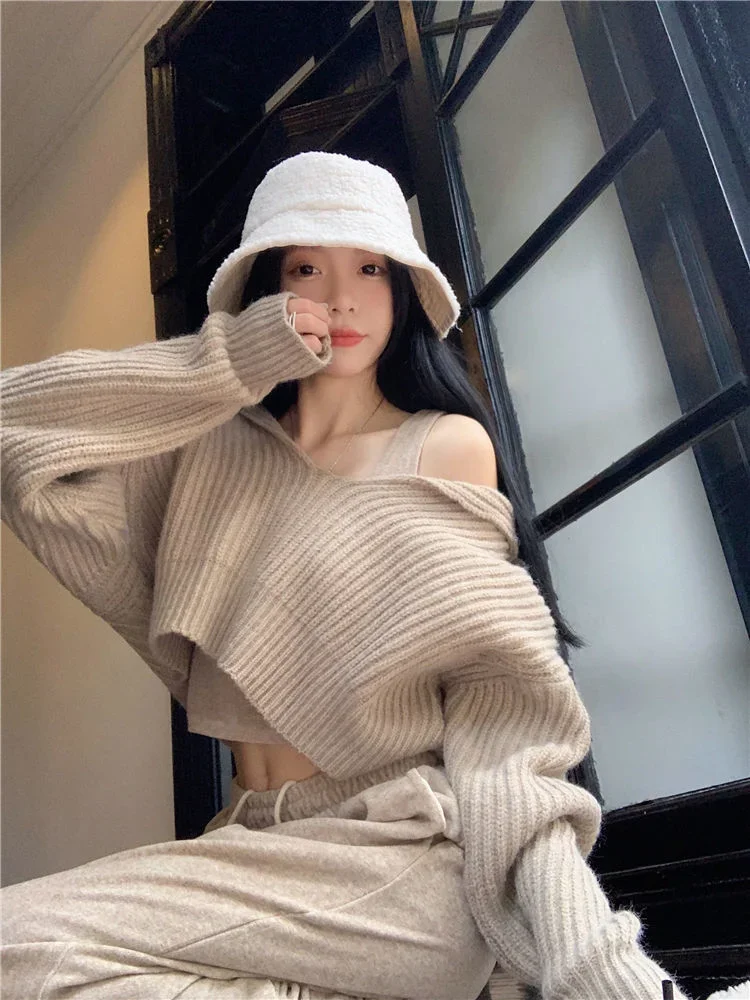 Женский свитер с открытыми плечами Y2k свободный уличный пуловер длинным рукавом