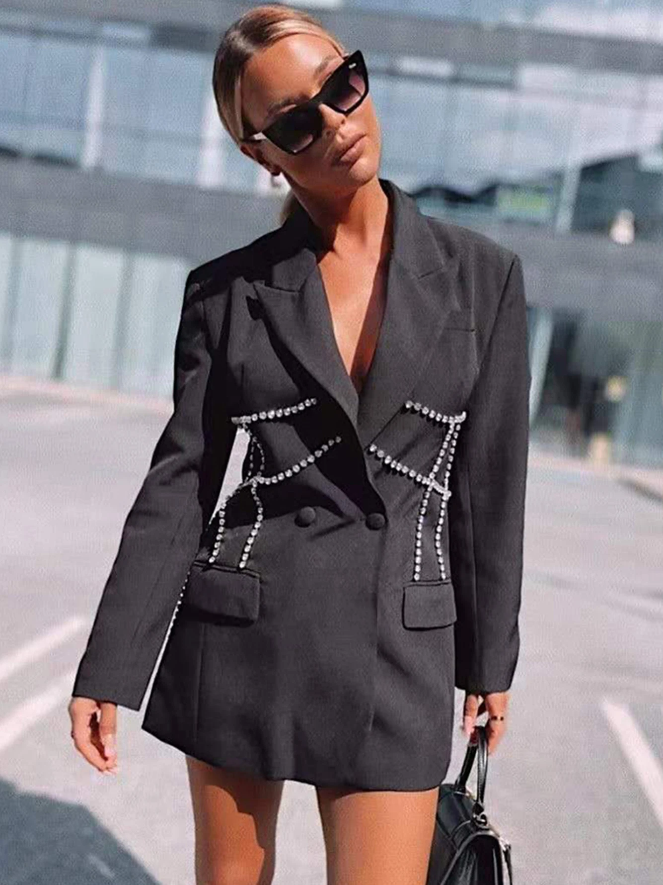 

Women Autumn Sexy Diamonds Blazer Jacket Black White Elegant Double-Breasted Slim Coat Fashionable Casual Female Clothing Tops