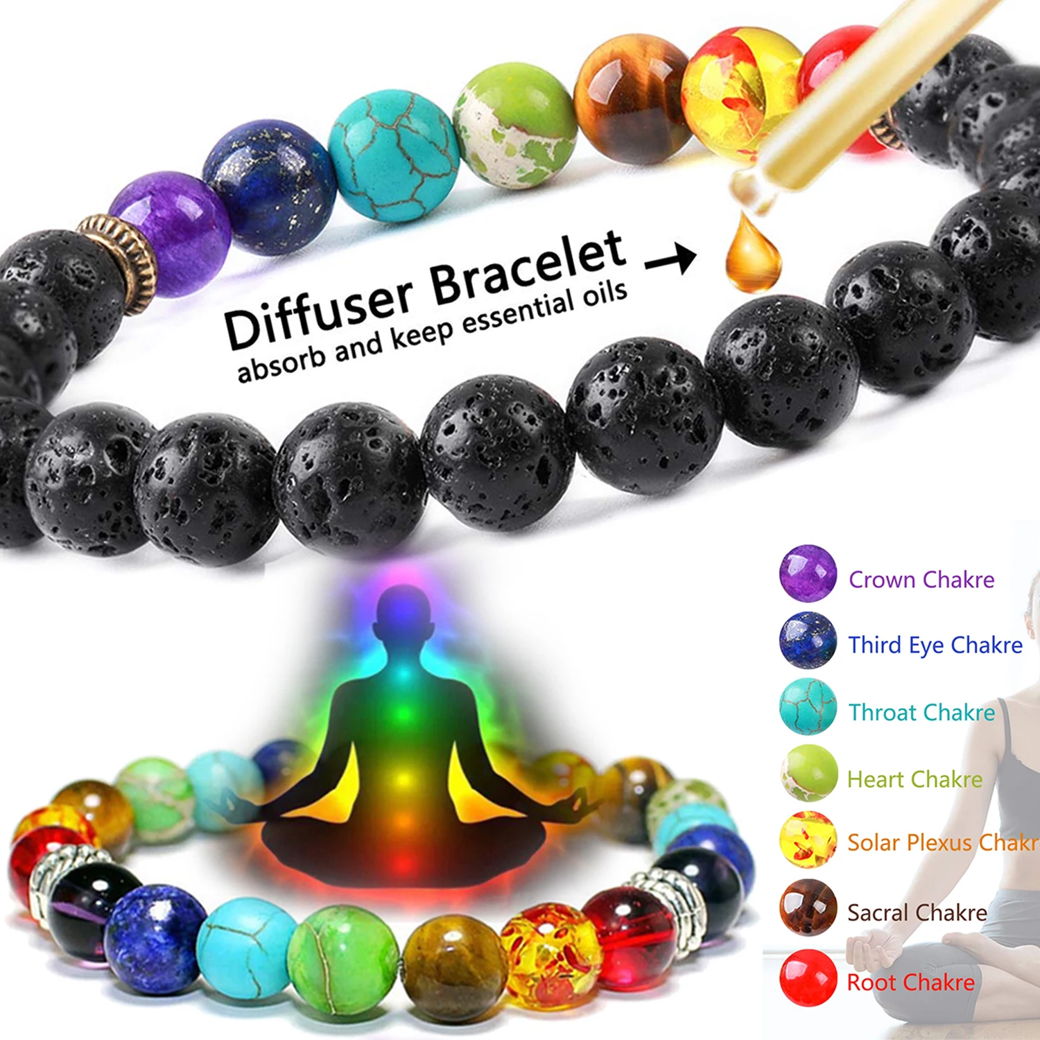 

7 Chakra Beads Bracelet Natural Stone Black Rope Braided Yoga Reiki Healing Balance Bracelets & Bangles Meditation Jewelry Gift