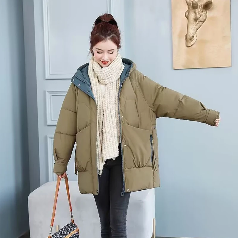 Winter cotton padded jacket Women's fashion Korean version loose thickened warm coat hooded windproof large pocket jacket