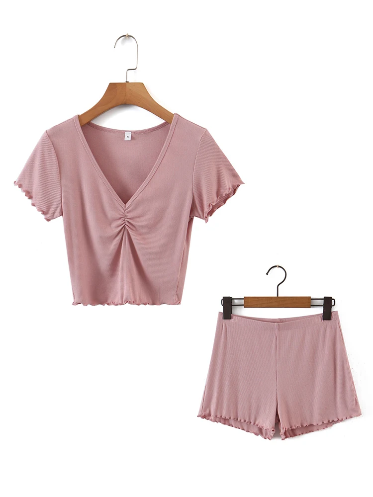 

Женский трикотажный комплект из топа и шортов, розовый комплект из 2-х предметов, облегающий эластичный кроп-топ с коротким рукавом, летний к...